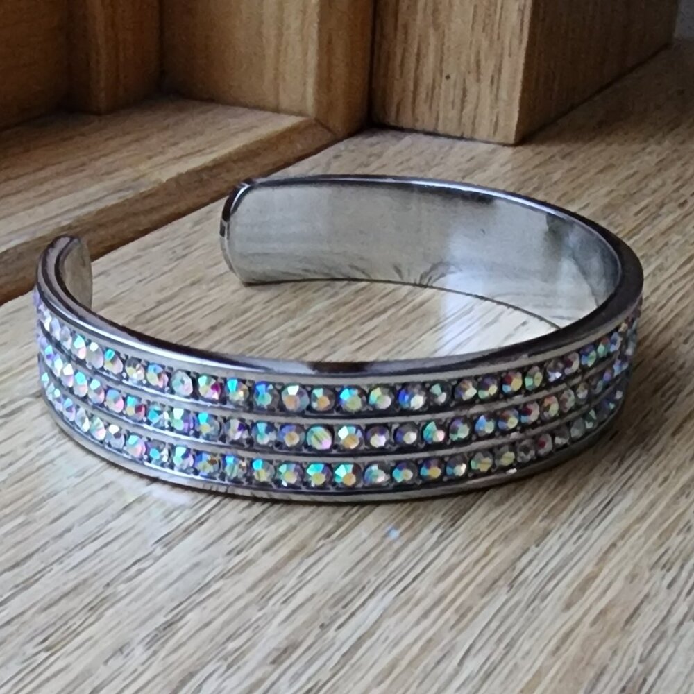 Silvertone Bangle With Three Rows Of Crystals - image 6
